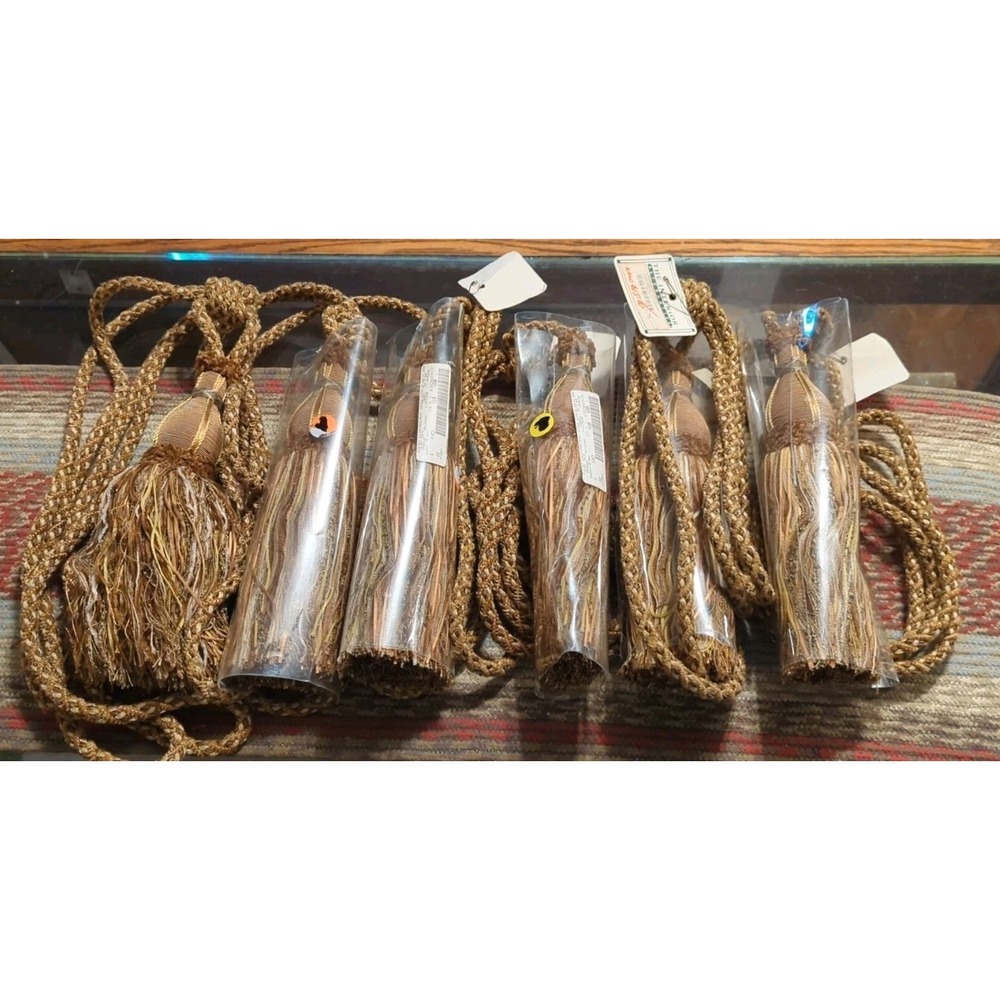 Set of 6 Vintage Tassel Curtain French Rope Tie-Backs Chenille Neutral Brown